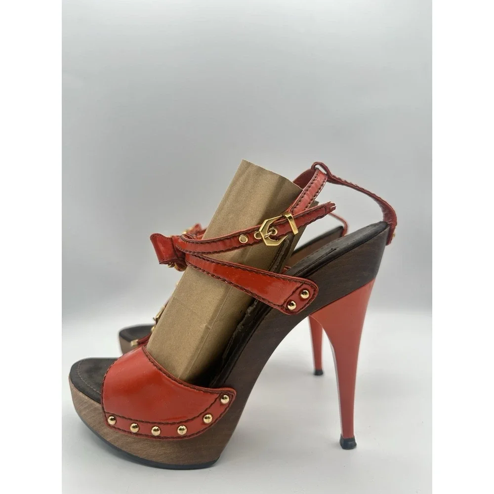 Louis Vuitton Patent Leather T-Strap Platform Sandals Red Orange Gold LV Heels